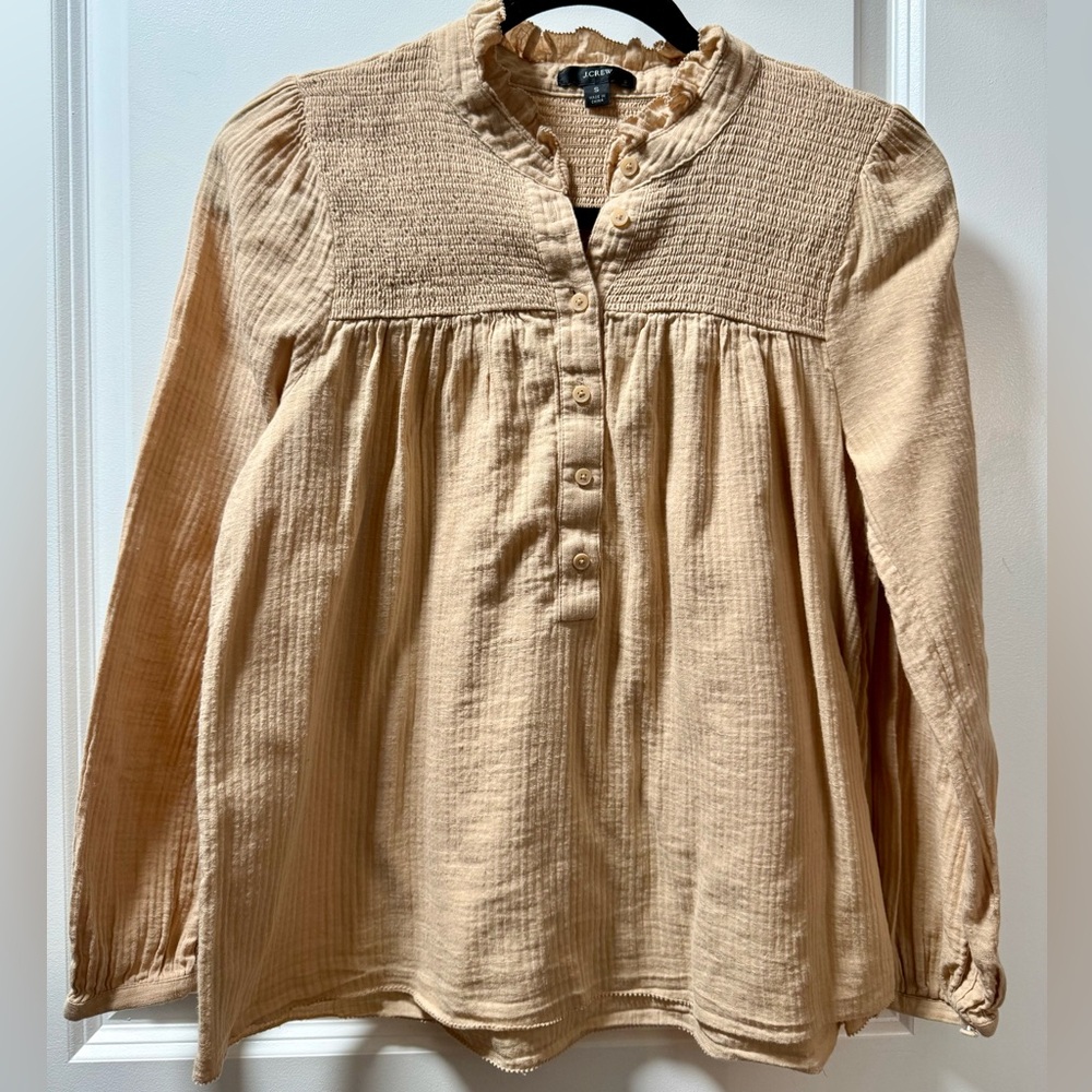 J. Crew Tan Smocked Ruffled Blouse